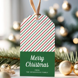 Moderne groene rode gestreepte Kerst Cadeaulabel