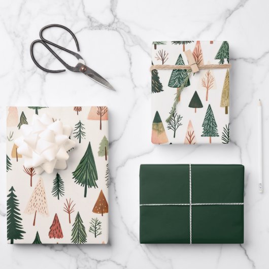 Moderne groene roze gouden kerstbomen inpakpapier vel (Voorkant)