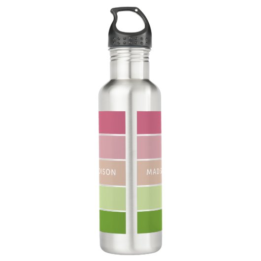 Moderne groene roze kleurenblok Persoonlijke naam Waterfles (Achterkant)