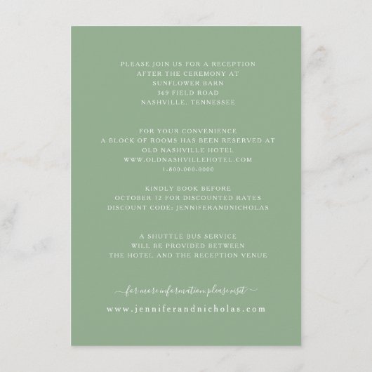 Moderne groene Rozen bruiloft Informatiekaartje (Achterkant)
