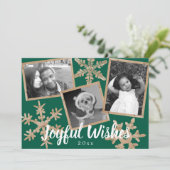 Moderne Groene Rustieke Sneeuwvlok 3 Foto Kerstmis Feestdagenkaart (Staand voorkant)
