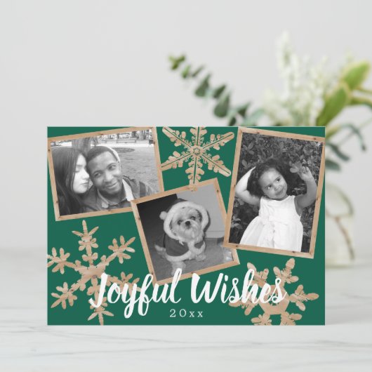 Moderne Groene Rustieke Sneeuwvlok 3 Foto Kerstmis Feestdagenkaart (Staand voorkant)