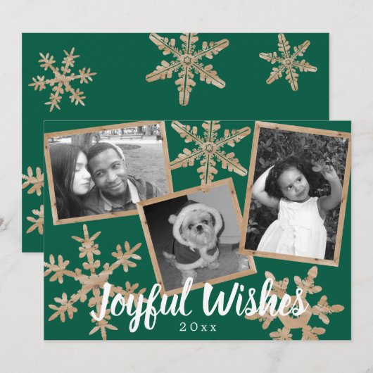 Moderne Groene Rustieke Sneeuwvlok 3 Foto Kerstmis Feestdagenkaart (Voorkant / Achterkant)