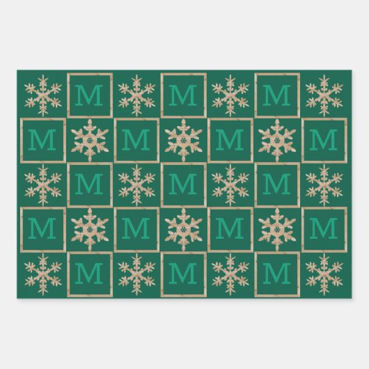 Moderne Groene Rustieke Sneeuwvlok Monogram Foto Inpakpapier Vel (Voorkant 2)
