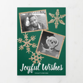 Moderne Groene Rustieke Snowflake Collage 5 Foto Drieluik Wenskaart
