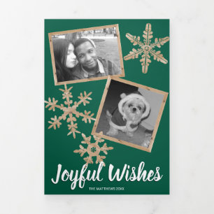 Moderne Groene Rustieke Snowflake Collage 5 Foto Drieluik Wenskaart