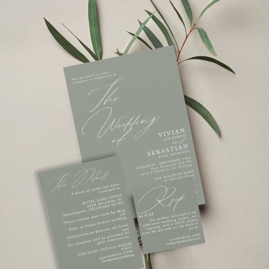 Moderne Groene Sage Witte Bruiloft Kaart