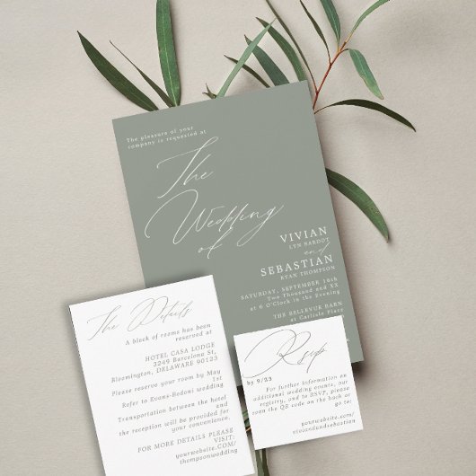 Moderne Groene Sage Witte Bruiloft Kaart