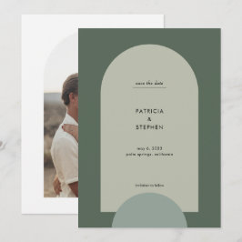 Moderne groene salie boho boog trouwfoto save the date