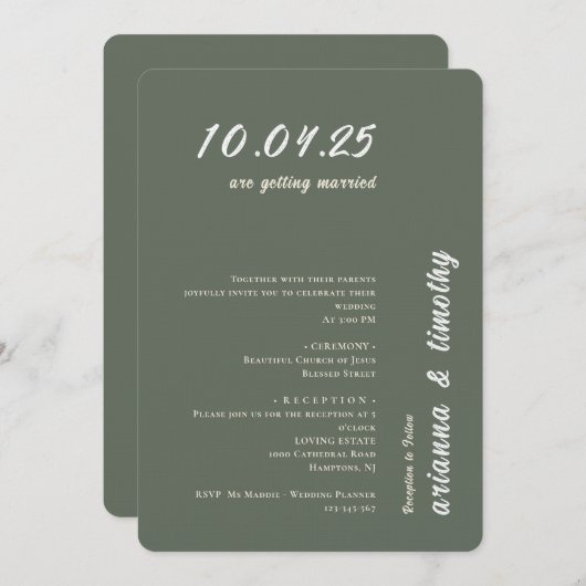 Moderne groene salie bruiloft uitnodiging (Voorkant / Achterkant)
