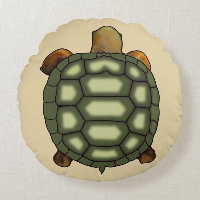 Moderne groene schildpad op beige rond kussen (Voorkant)