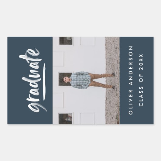 Moderne groene scriptfoto blauw afstuderen rechthoekige sticker (Voorkant)