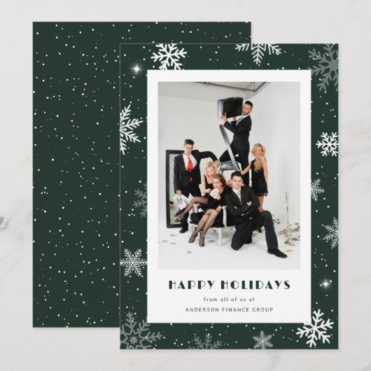 Moderne Groene Sneeuwvlok Foto Zakelijk Bedrijf Feestdagenkaart (Voorkant / Achterkant)