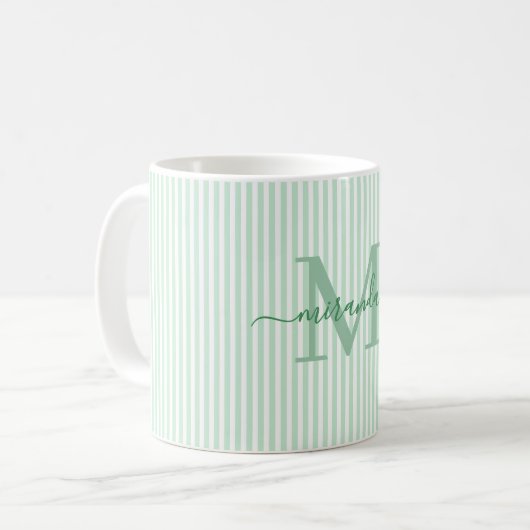 Moderne groene streep monogram naam koffiemok (Voorkant links)