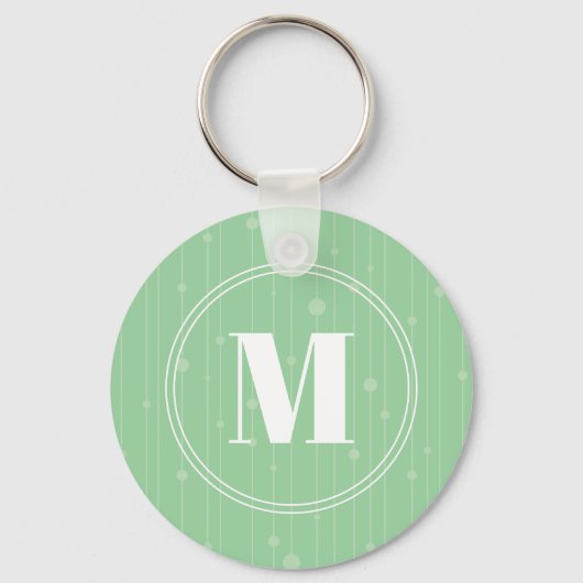 Moderne groene strepen patroon rond monogram sleutelhanger (Voorkant)