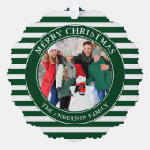 Moderne groene strepen Vrolijke Kerstfoto Ornament Kaart (Voorkant)