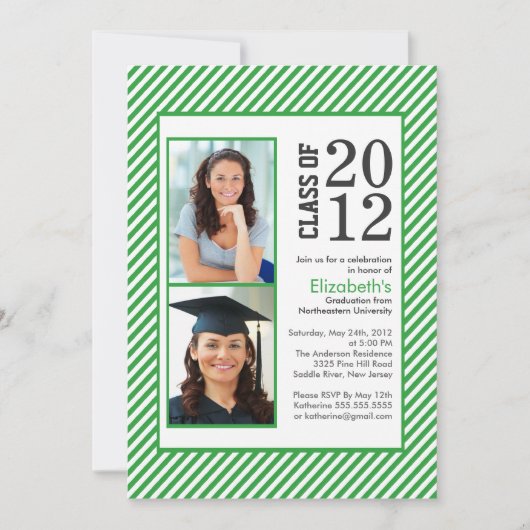 Moderne Groene Stripes Foto Afstuderen-uitnodiging Kaart (Voorkant)