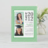 Moderne Groene Stripes Foto Afstuderen-uitnodiging Kaart (Staand voorkant)