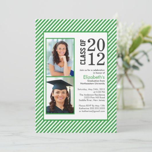 Moderne Groene Stripes Foto Afstuderen-uitnodiging Kaart (Staand voorkant)
