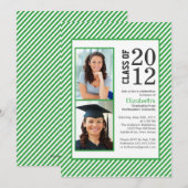 Moderne Groene Stripes Foto Afstuderen-uitnodiging Kaart (Voorkant / Achterkant)
