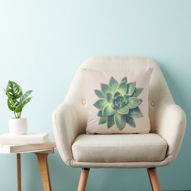 Moderne groene succulente plant op lichtbeige kussen (Stoel)