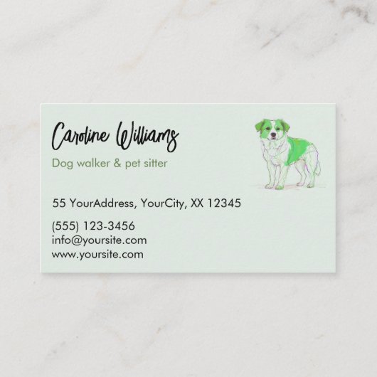 Moderne groene tekening hond walker huisdier sitte visitekaartje (Achterkant)