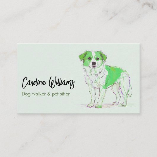 Moderne groene tekening hond walker huisdier sitte visitekaartje (Voorkant)