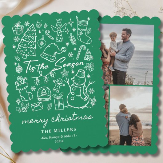 Moderne groene Tis the Season Kerst Doodle Feestdagenkaart