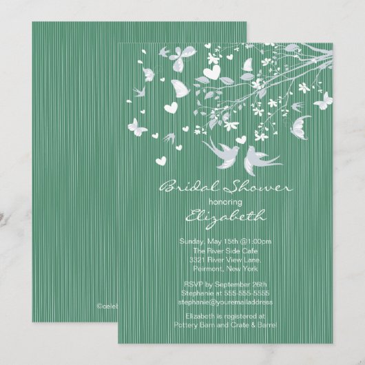 Moderne groene Tortelduifjes Bridal Shower Invitat Kaart (Voorkant / Achterkant)