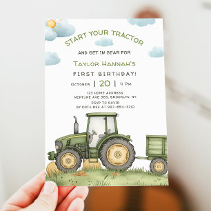 Moderne groene tractor 1e verjaardagsfeestje kaart