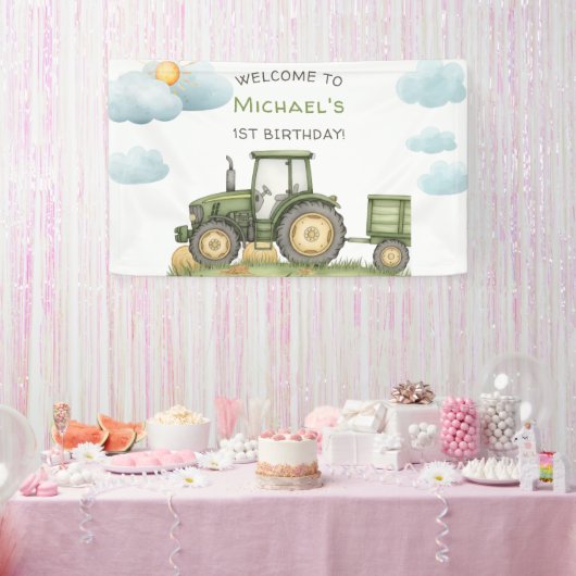 Moderne groene tractor 1e verjaardagsfeestje spandoek (Feest)