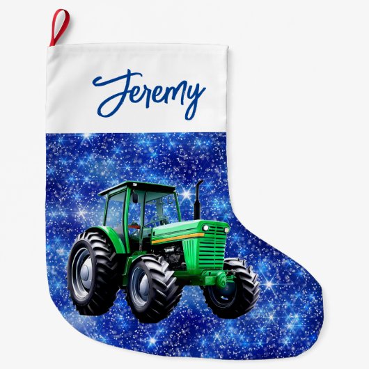 Moderne Groene Tractor Blauw Grote Kerstsok (Voorkant)