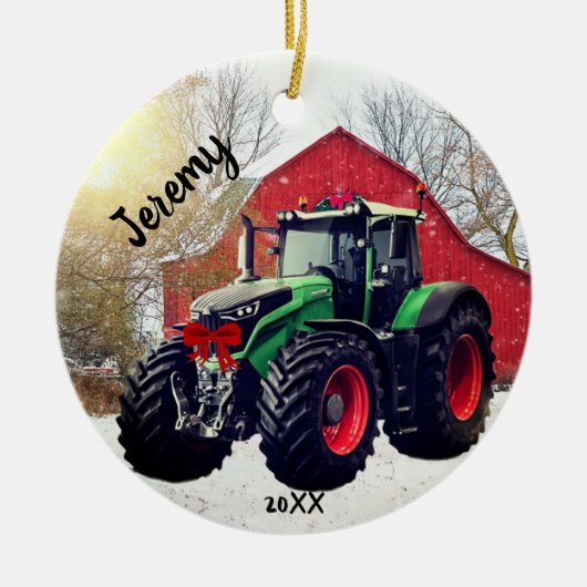 Moderne groene tractor "Kerstmis 20XX" Keramisch Ornament (Voorkant)