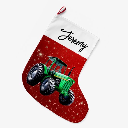 Moderne groene tractor rood grote kerstsok (Voorkant (Hangend))