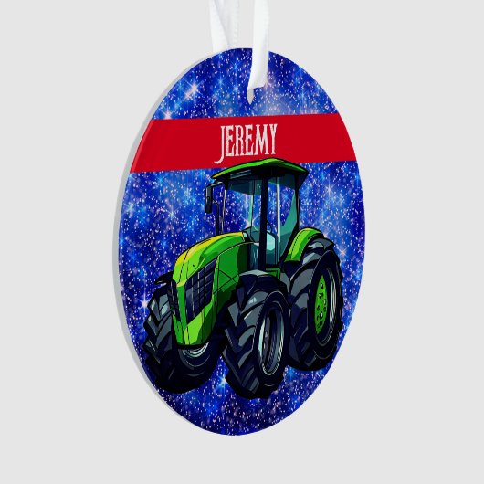 Moderne groene trekker op blauw ornament (voorkant)