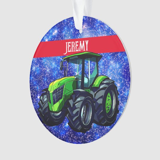 Moderne groene trekker op blauw ornament (voorkant)