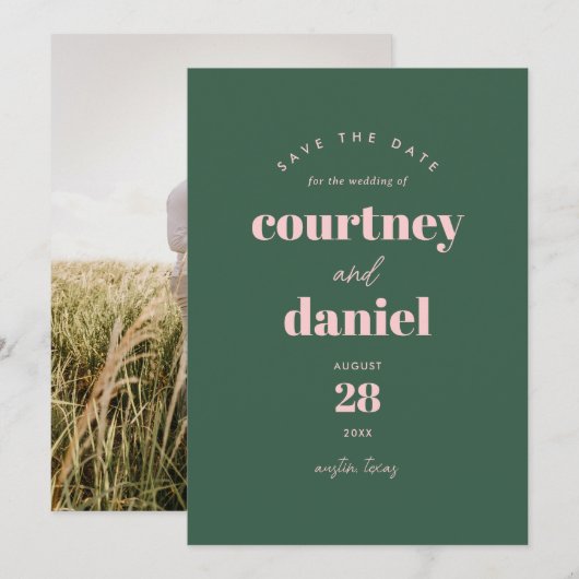 Moderne groene trendy foto Sla de datum op Save The Date (Voorkant / Achterkant)