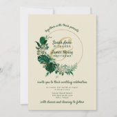 Moderne groene tropische bladcirkel krans bruiloft kaart (Voorkant)