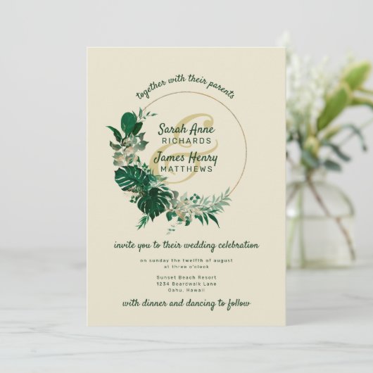 Moderne groene tropische bladcirkel krans bruiloft kaart (Staand voorkant)