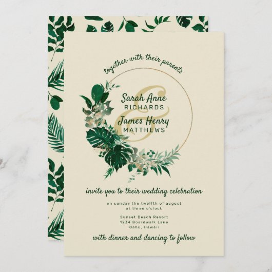 Moderne groene tropische bladcirkel krans bruiloft kaart (Voorkant / Achterkant)