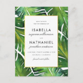 Moderne groene tropische bladeren redden de datum aankondigingskaart (Voorkant)