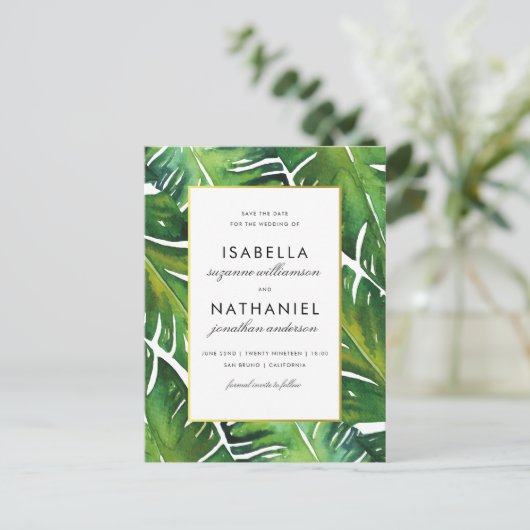 Moderne groene tropische bladeren redden de datum aankondigingskaart (Staand voorkant)