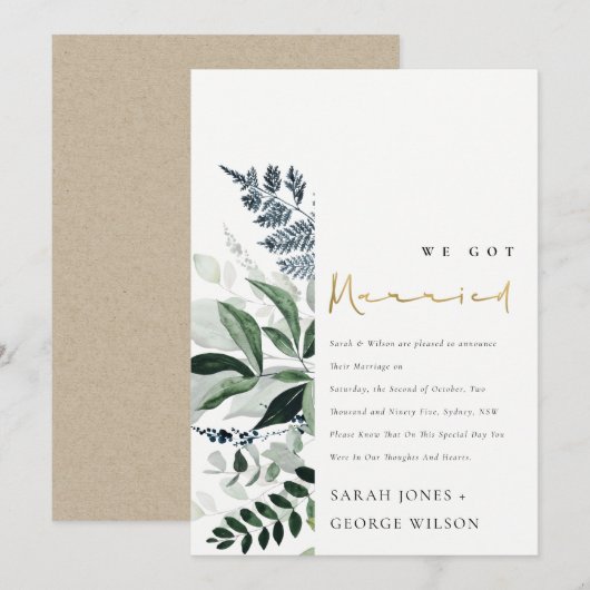 Moderne Groene Tropische Bladerentuin Bruiloft Aankondiging (Voorkant / Achterkant)