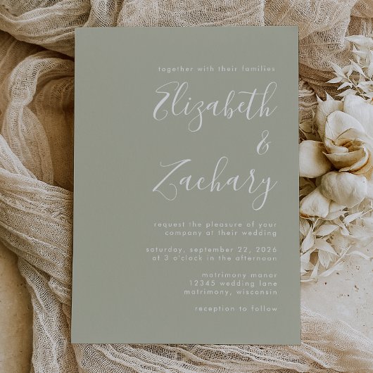 Moderne groene trouwuitnodiging met script lettert kaart