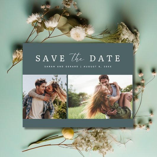 Moderne Groene Twee Foto Bruiloft Save the Date Aankondigingskaart