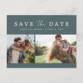 Moderne Groene Twee Foto Bruiloft Save the Date Aankondigingskaart (Voorkant)