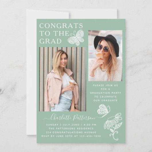 Moderne groene vlinder foto afstudeerfeest kaart (Voorkant)