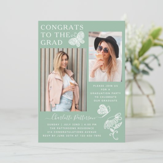Moderne groene vlinder foto afstudeerfeest kaart (Staand voorkant)