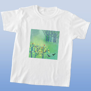 Moderne Groene Vogels in Woodland Painting T-shirt
