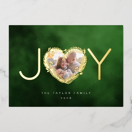 Moderne groene vreugdevolle kerst hart krans foto folie feestdagenkaart (Voorkant)